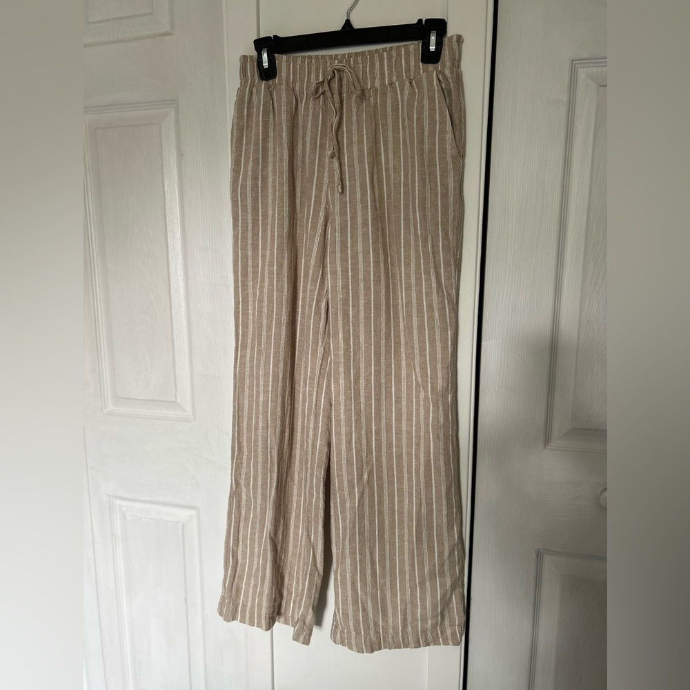Briggs Linen Rayon brown white  Striped Wide Leg Lagenlook Flowy Pants size S
